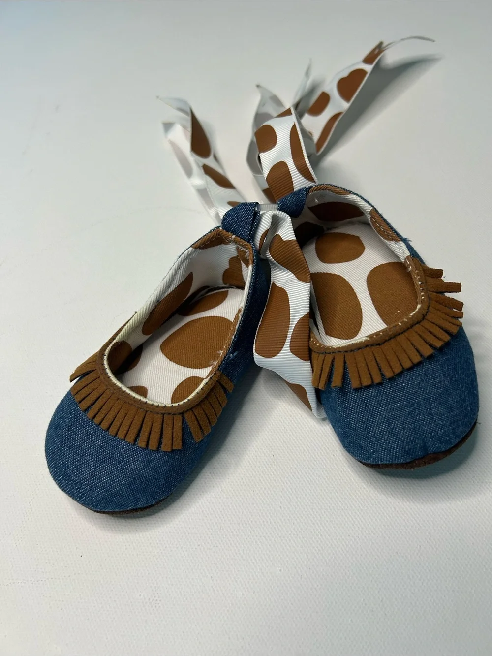Mudpie Denim Fringe Moccasins in Blue and Brown 0-6 month 100% cotton